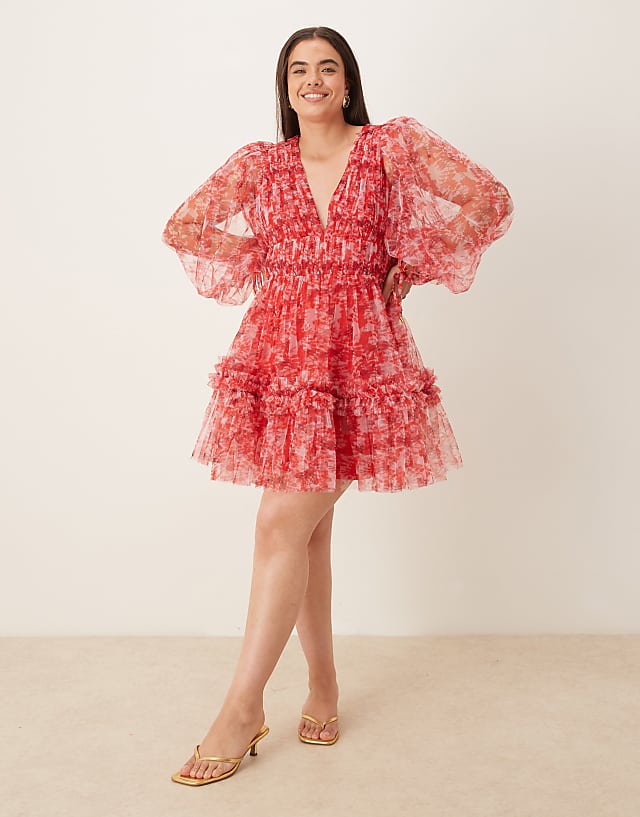Asos Lace & Beads Plus Balloon Sleeve Organza Mini Dress In Red Floral