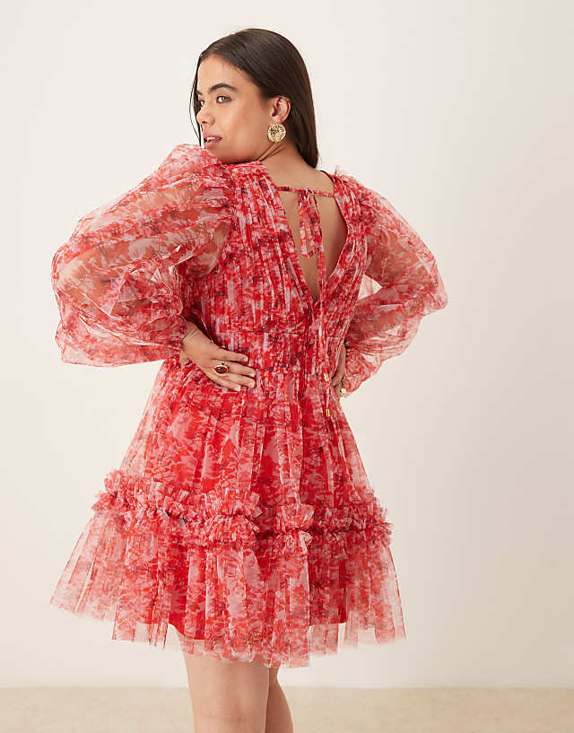 Asos Lace & Beads Plus Balloon Sleeve Organza Mini Dress In Red Floral