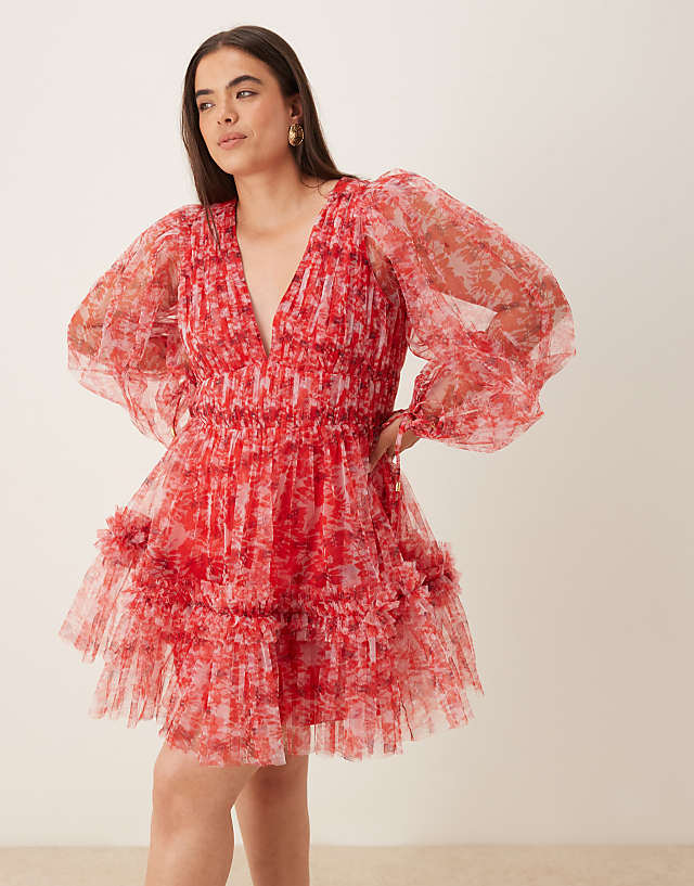 asos Lace & Beads Plus balloon sleeve organza mini dress in red floral