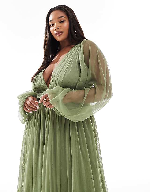 Asos Lace & Beads Plus Bridesmaid Madison Long Sleeve Maxi Dress In Soft Olive