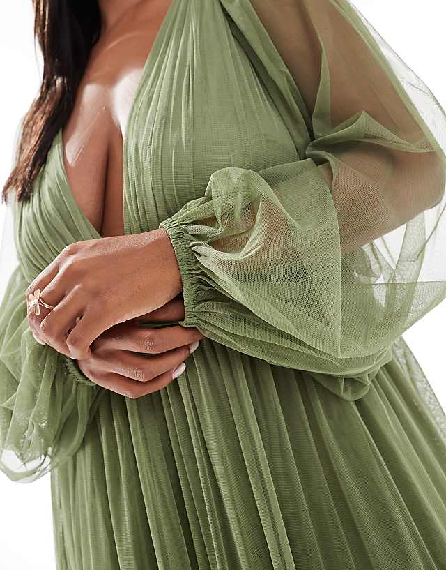 Asos Lace & Beads Plus Bridesmaid Madison Long Sleeve Maxi Dress In Soft Olive