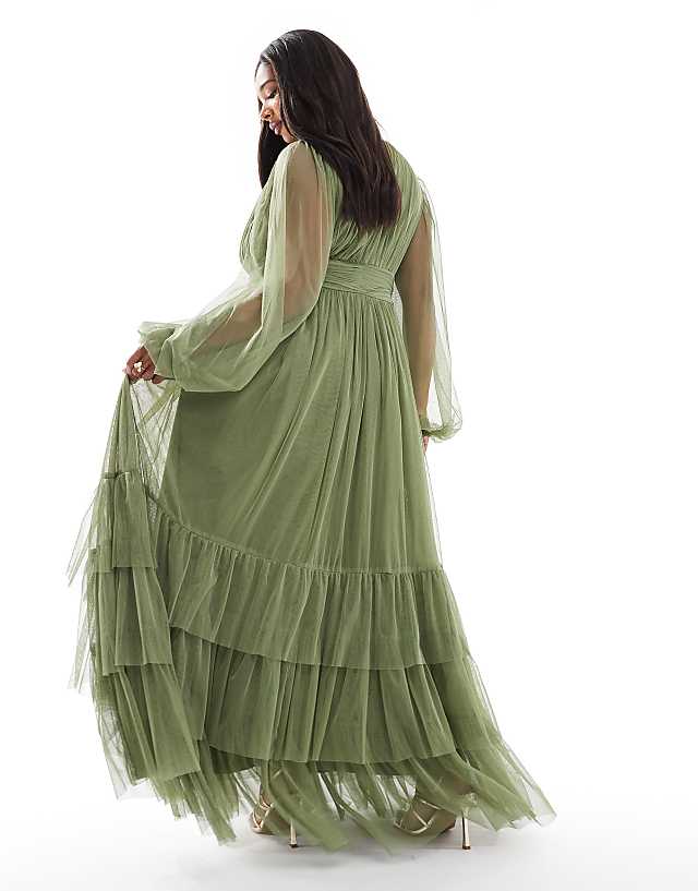 Asos Lace & Beads Plus Bridesmaid Madison Long Sleeve Maxi Dress In Soft Olive