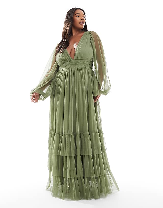 asos Lace & Beads Plus Bridesmaid Madison long sleeve maxi dress in soft olive