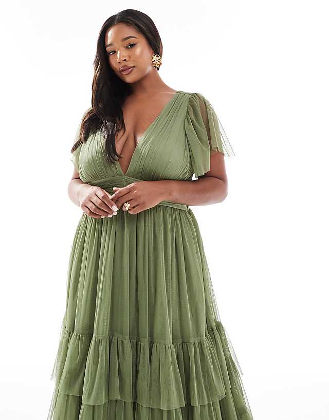 Asos Lace & Beads Plus Bridesmaid Madison Midi Dress In Soft Olive