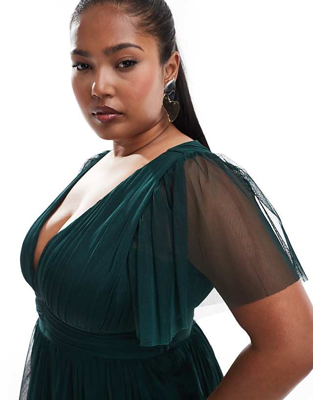 Asos Lace & Beads Plus Bridesmaid Madison V Neck Tulle Midi Dress In Emerald
