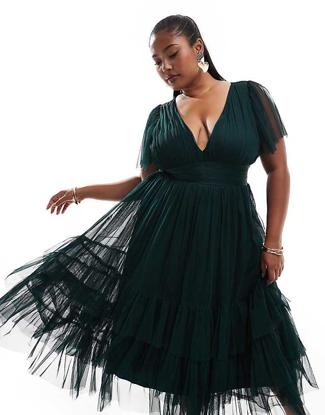 Asos Lace & Beads Plus Bridesmaid Madison V Neck Tulle Midi Dress In Emerald
