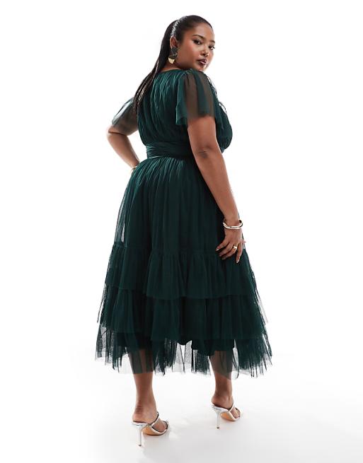 Asos Lace & Beads Plus Bridesmaid Madison V Neck Tulle Midi Dress In Emerald