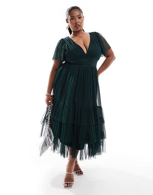 asos Lace & Beads Plus Bridesmaid Madison v neck tulle midi dress in emerald