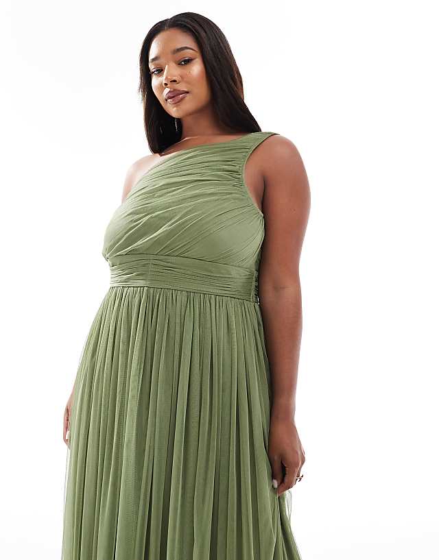 Asos Lace & Beads Plus Bridesmaid One Shoulder Maxi Dress In Soft Olive