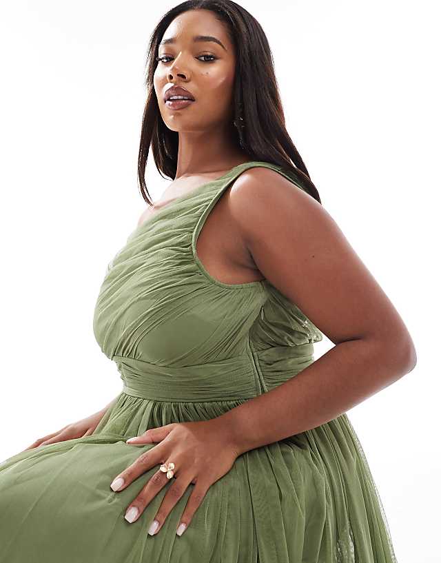 Asos Lace & Beads Plus Bridesmaid One Shoulder Maxi Dress In Soft Olive