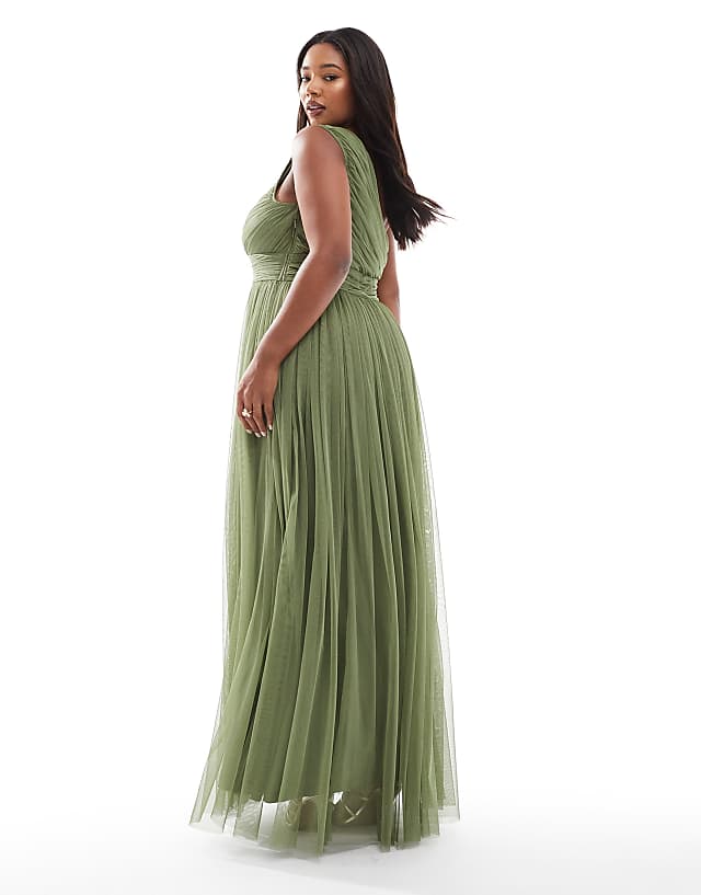 Asos Lace & Beads Plus Bridesmaid One Shoulder Maxi Dress In Soft Olive
