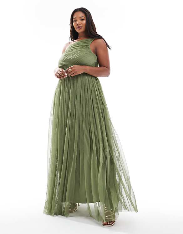 asos Lace & Beads Plus Bridesmaid one shoulder maxi dress in soft olive