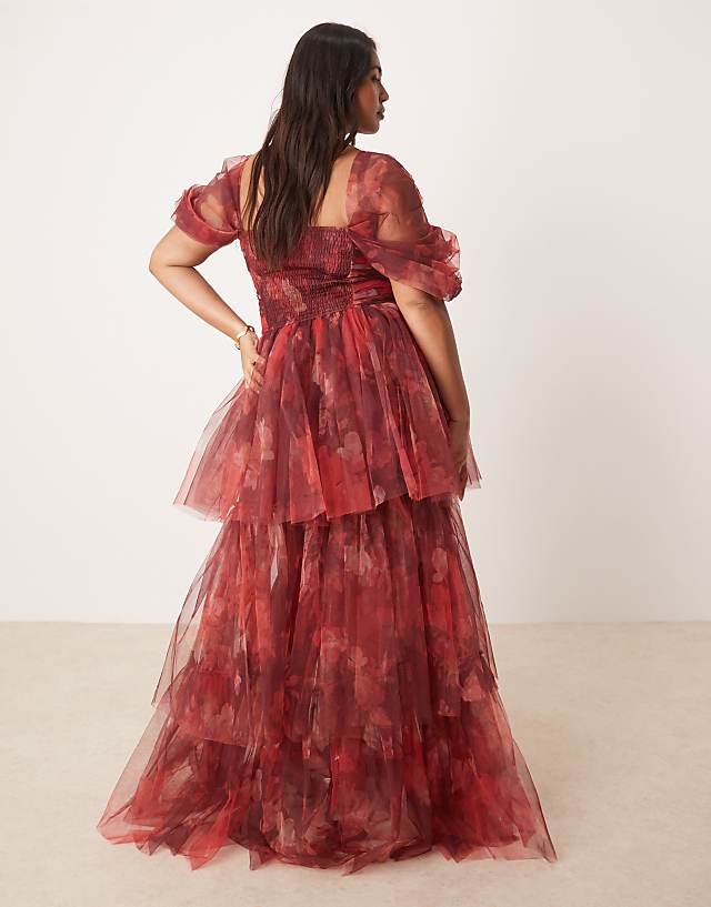 Asos Lace & Beads Plus Off Shoulder Tulle Maxi Dress In Fuchsia Floral