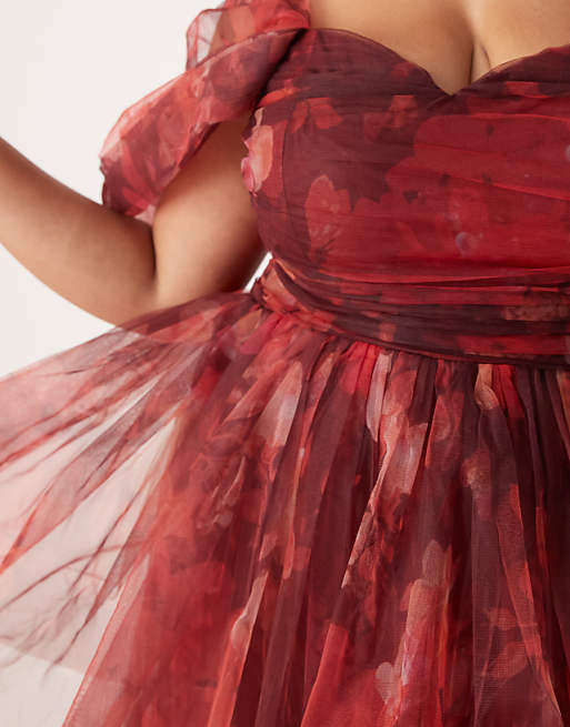 Asos Lace & Beads Plus Off Shoulder Tulle Maxi Dress In Fuchsia Floral