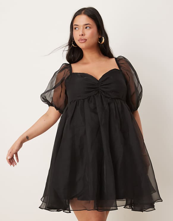 Asos Lace & Beads Plus Puff Sleeve Organza Mini Dress In Black