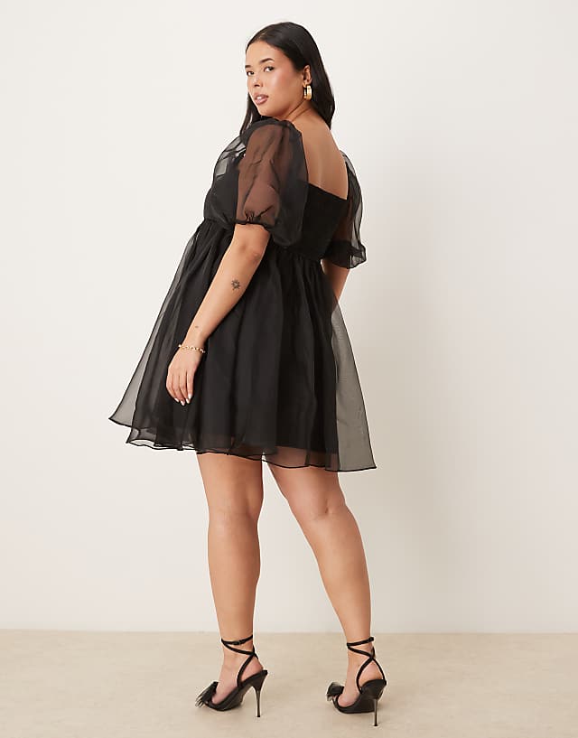 Asos Lace & Beads Plus Puff Sleeve Organza Mini Dress In Black