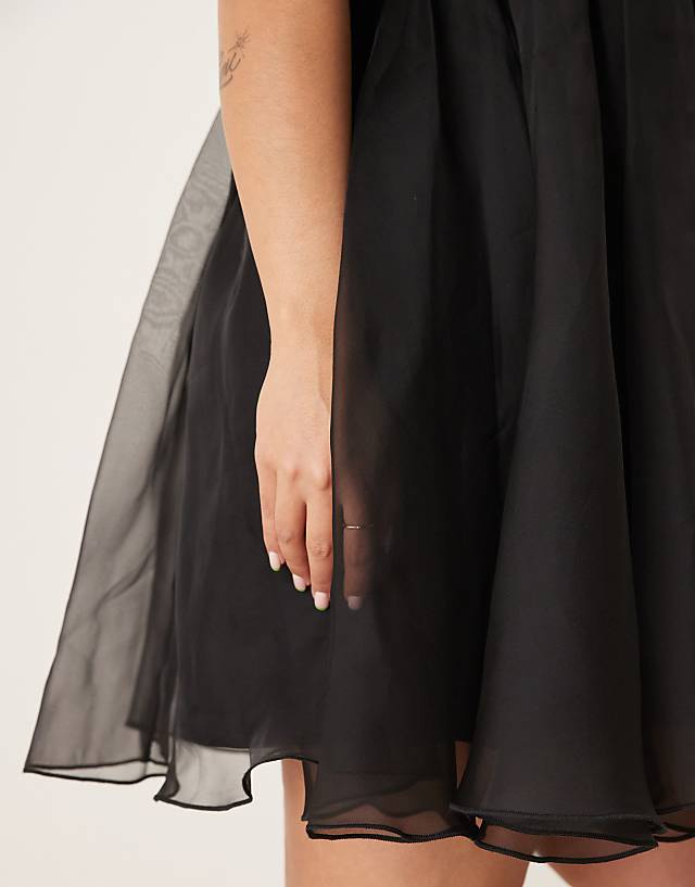 Asos Lace & Beads Plus Puff Sleeve Organza Mini Dress In Black