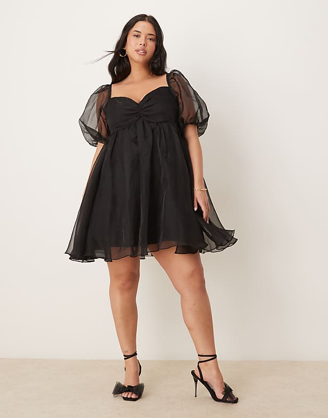 asos Lace & Beads Plus puff sleeve organza mini dress in black