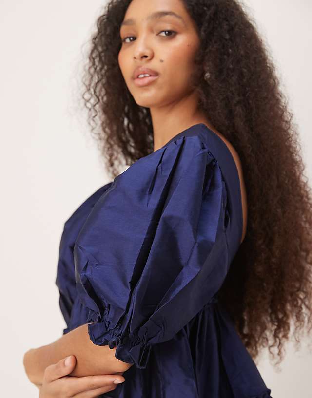 Asos Lace & Beads Puff Sleave Plunge Mini Dress In Navy