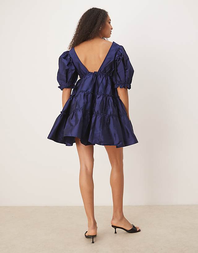 Asos Lace & Beads Puff Sleave Plunge Mini Dress In Navy