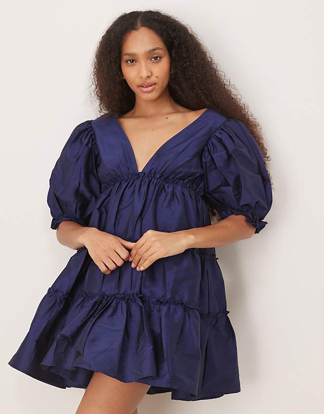 asos Lace & Beads puff sleave plunge mini dress in navy