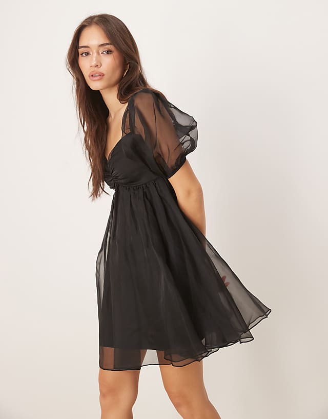 Asos Lace & Beads Puff Sleeve Organza Mini Dress In Black