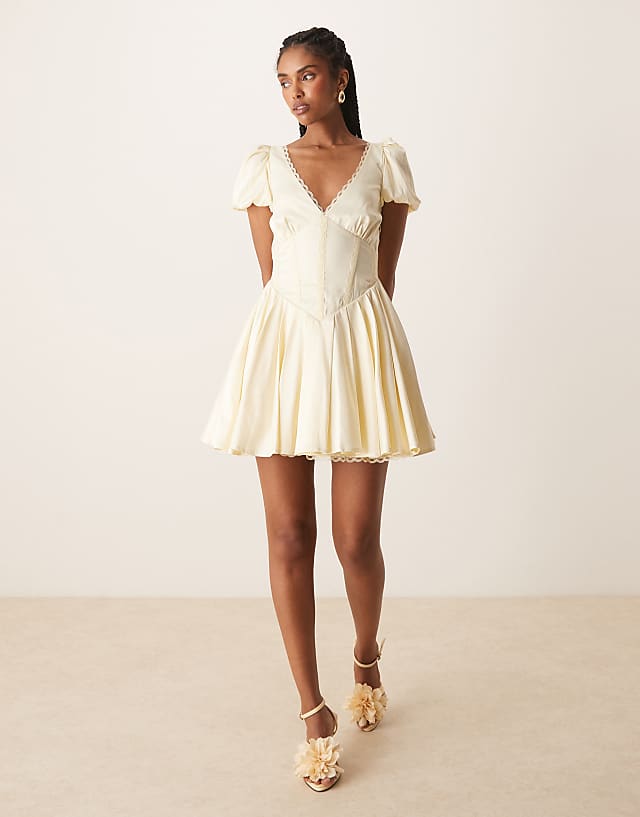 Asos Lace & Beads Puff Sleeve Satin Corset Mini Dress In Butter Yellow