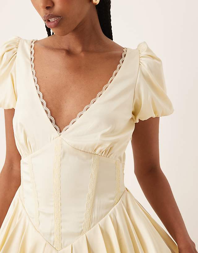 Asos Lace & Beads Puff Sleeve Satin Corset Mini Dress In Butter Yellow