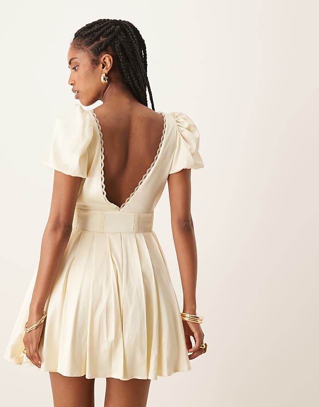 Asos Lace & Beads Puff Sleeve Satin Corset Mini Dress In Butter Yellow