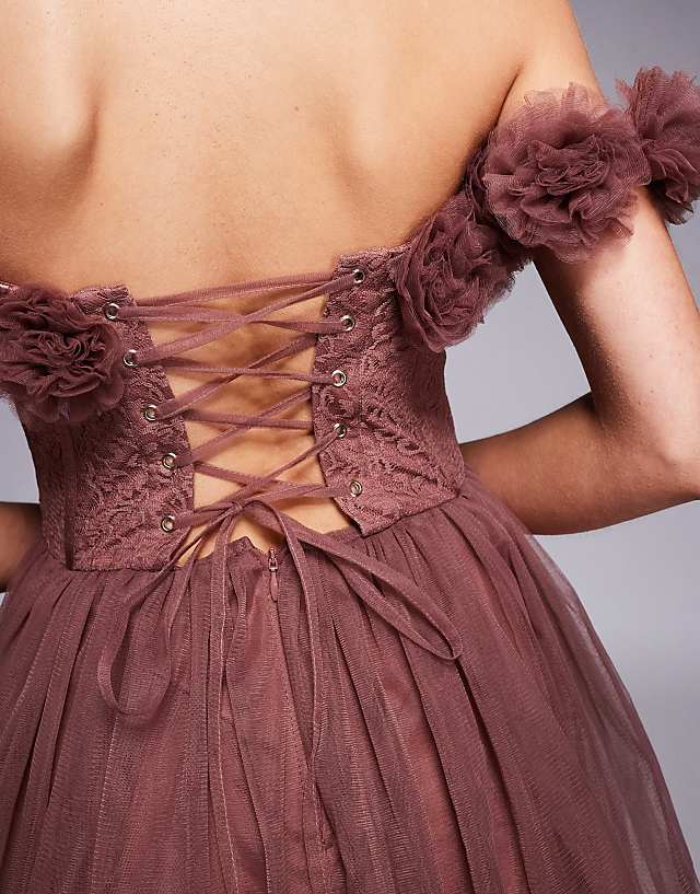Asos Lace & Beads Rosette Corset Maxi Dress In Rose Brown