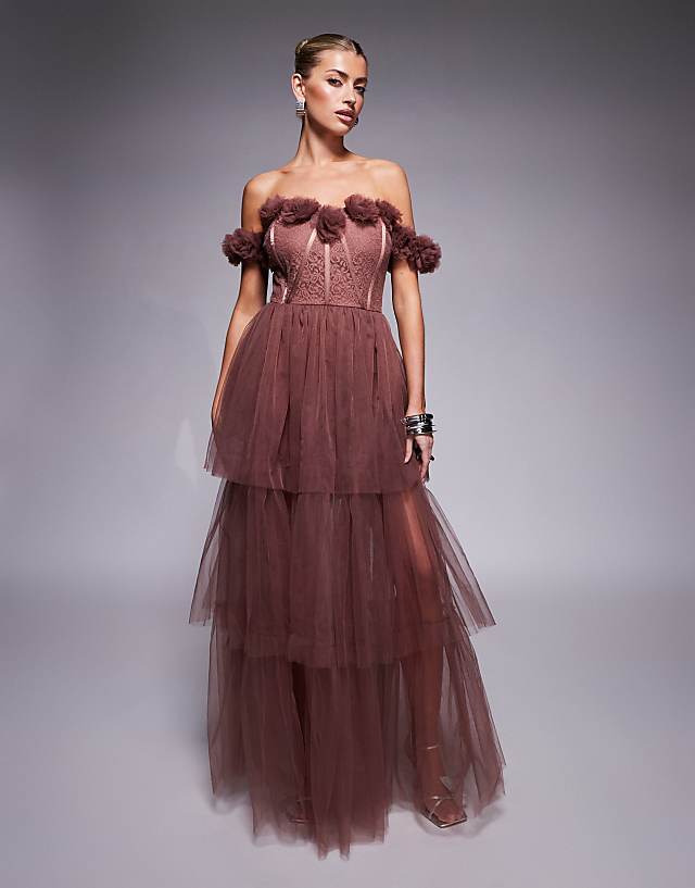 Asos Lace & Beads Rosette Corset Maxi Dress In Rose Brown