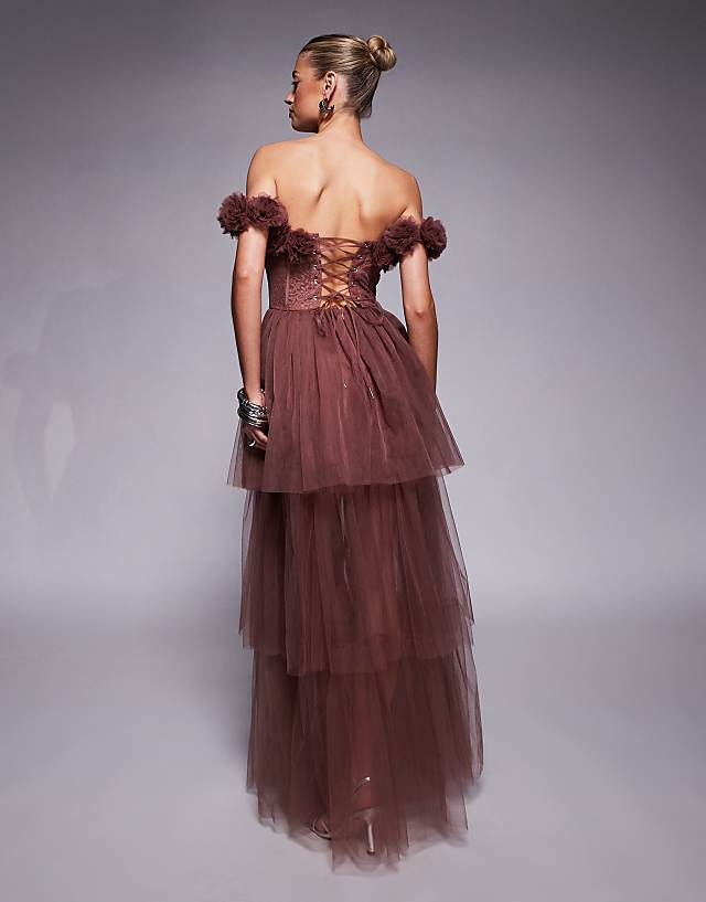 Asos Lace & Beads Rosette Corset Maxi Dress In Rose Brown