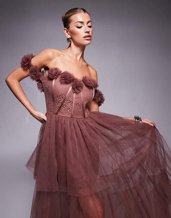 asos Lace & Beads rosette corset maxi dress in rose brown
