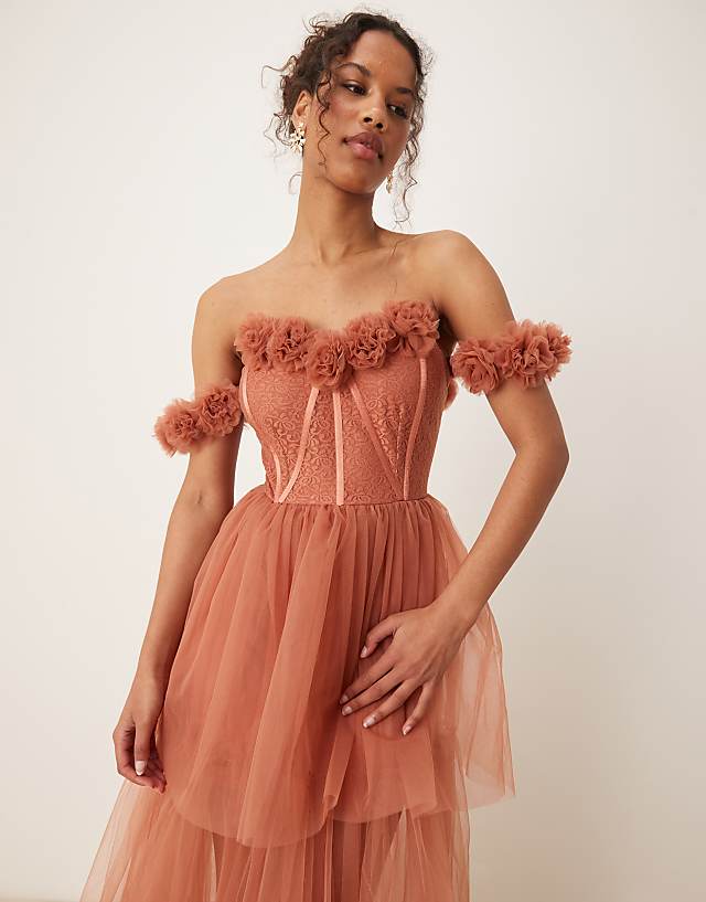 Asos Lace & Beads Rosette Corset Maxi Dress In Terracotta Rose