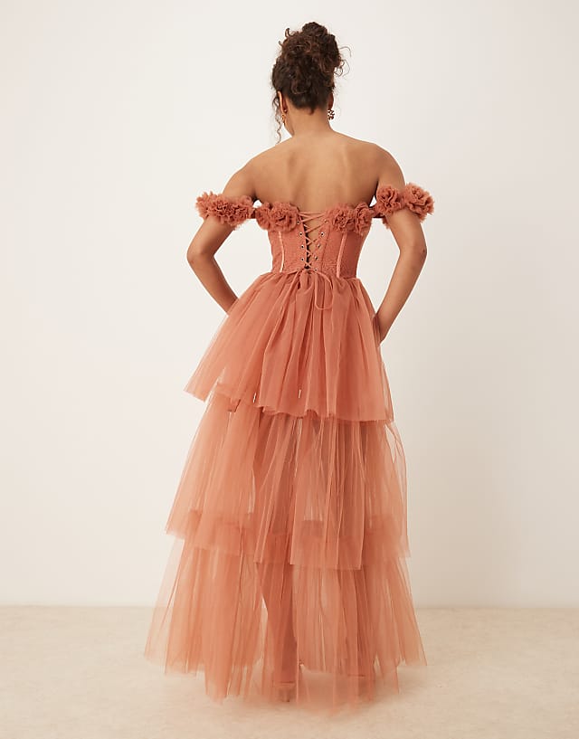 Asos Lace & Beads Rosette Corset Maxi Dress In Terracotta Rose