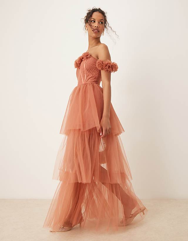 asos Lace & Beads rosette corset maxi dress in terracotta rose