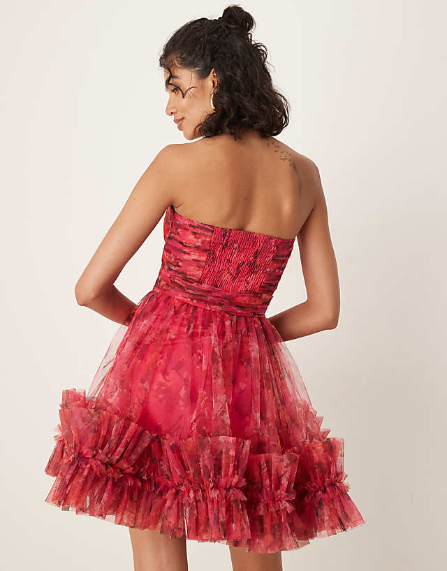 Asos Lace & Beads Ruffle Hem Sweetheart Mini Tulle Dress In Pink And Red Rose
