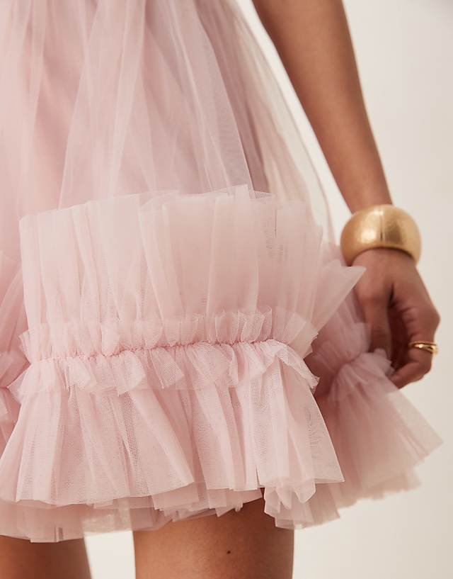 Asos Lace & Beads Ruffle Hem Sweetheart Mini Tulle Dress In Baby Pink