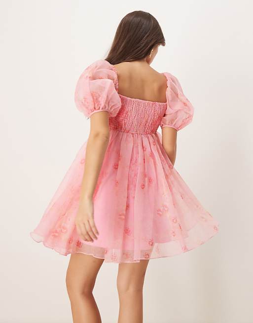 Asos Lace & Beads Sheer Sleeve Organza Mini Dress In Pink Floral