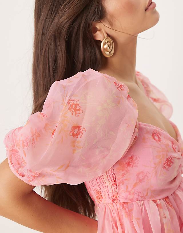 Asos Lace & Beads Sheer Sleeve Organza Mini Dress In Pink Floral