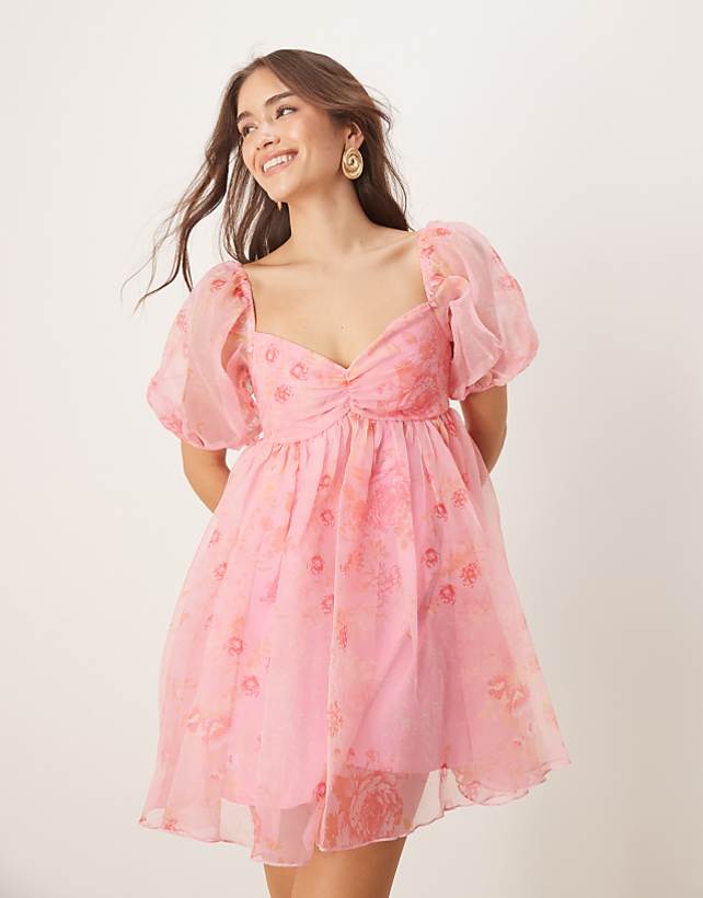 asos Lace & Beads sheer sleeve organza mini dress in pink floral