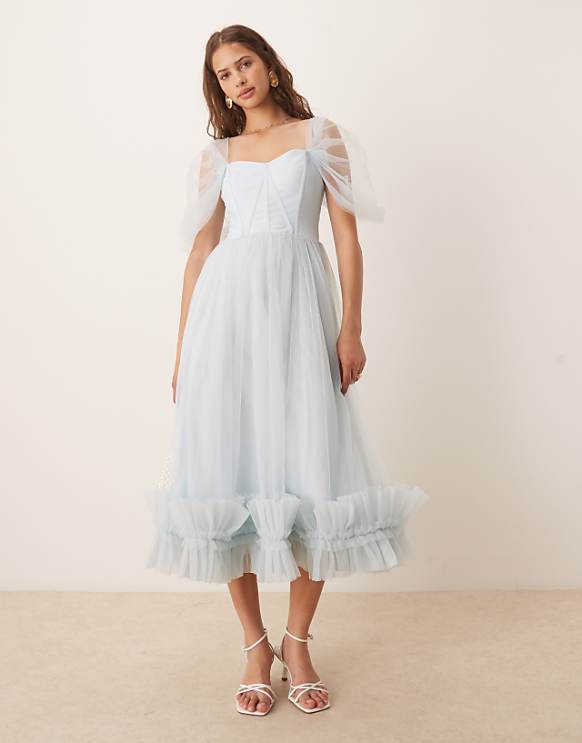 asos Lace & Beads tiered ruffle midaxi dress in sky blue