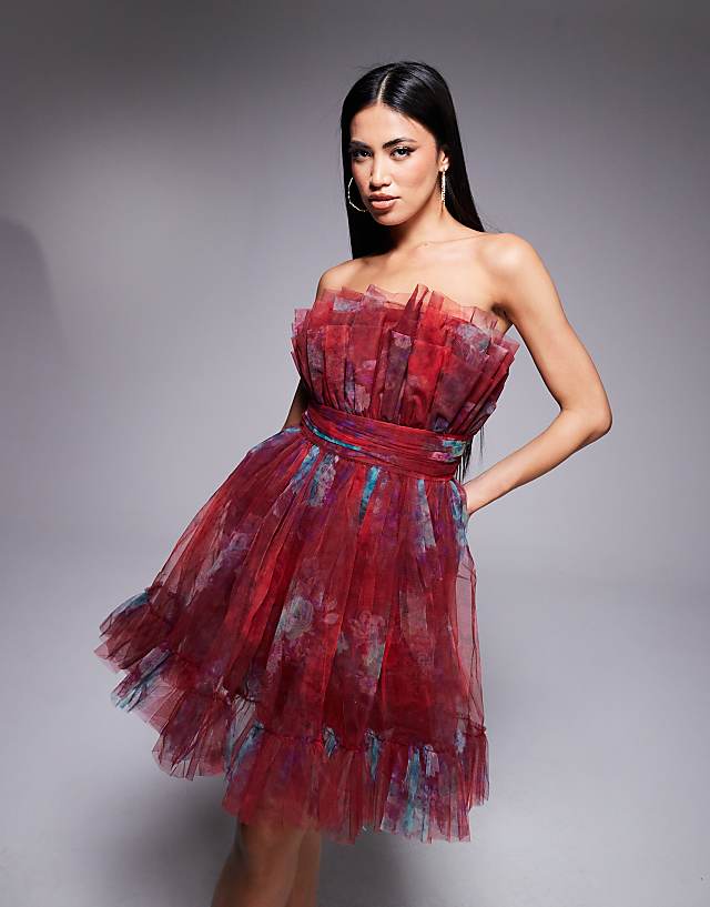 asos Lace & Beads tulle bandeau mini dress in burgundy floral