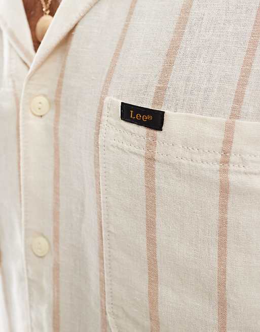 Asos Lee Camp Relaxed Fit Linen Short Sleeve Shirt With Revere Collar In Beige Stripe
