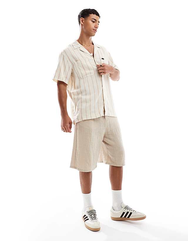 Asos Lee Camp Relaxed Fit Linen Short Sleeve Shirt With Revere Collar In Beige Stripe