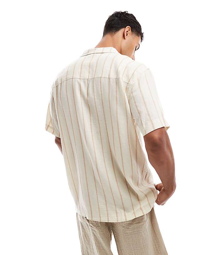 Asos Lee Camp Relaxed Fit Linen Short Sleeve Shirt With Revere Collar In Beige Stripe