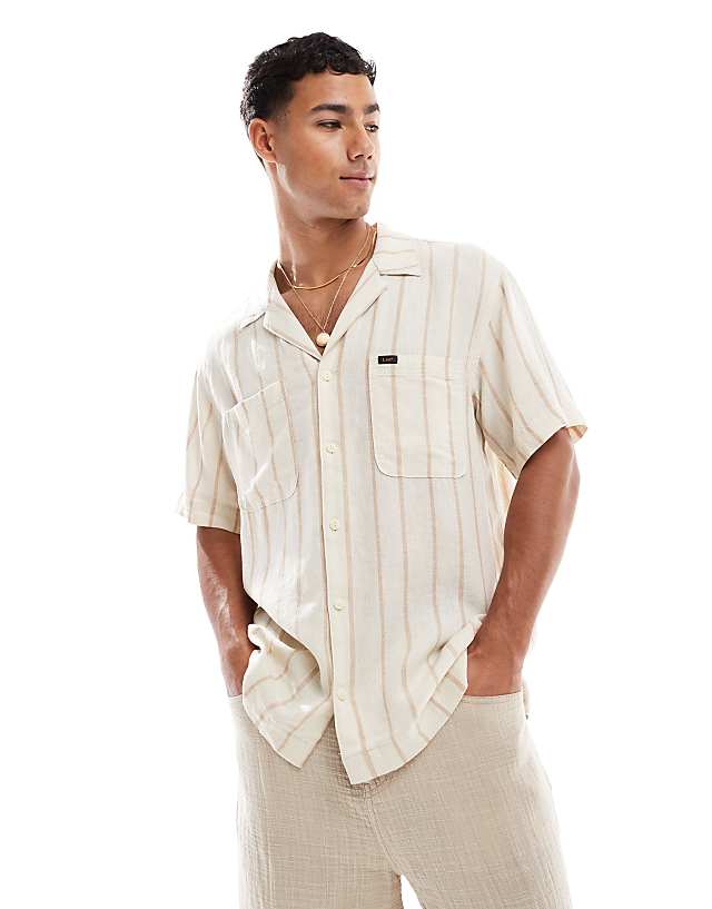 asos Lee Camp relaxed fit linen short sleeve shirt with revere collar in beige stripe
