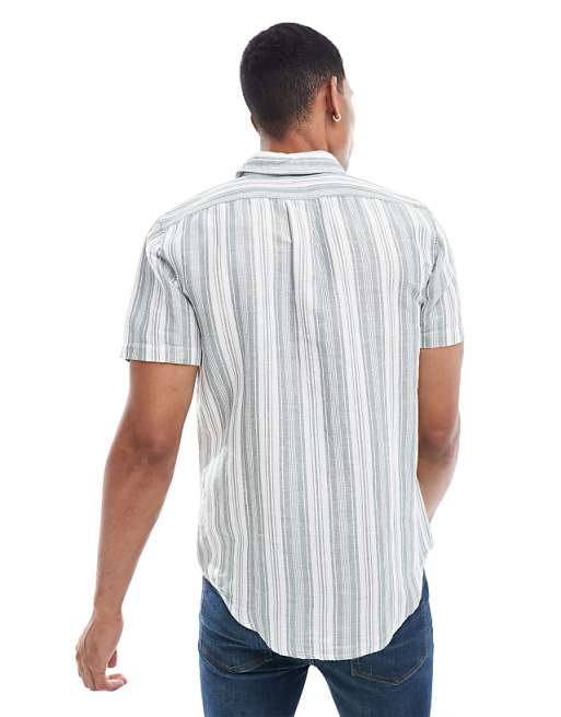 Asos Lee Short Sleeve Stripe Linen Blend Shirt In Mid Green
