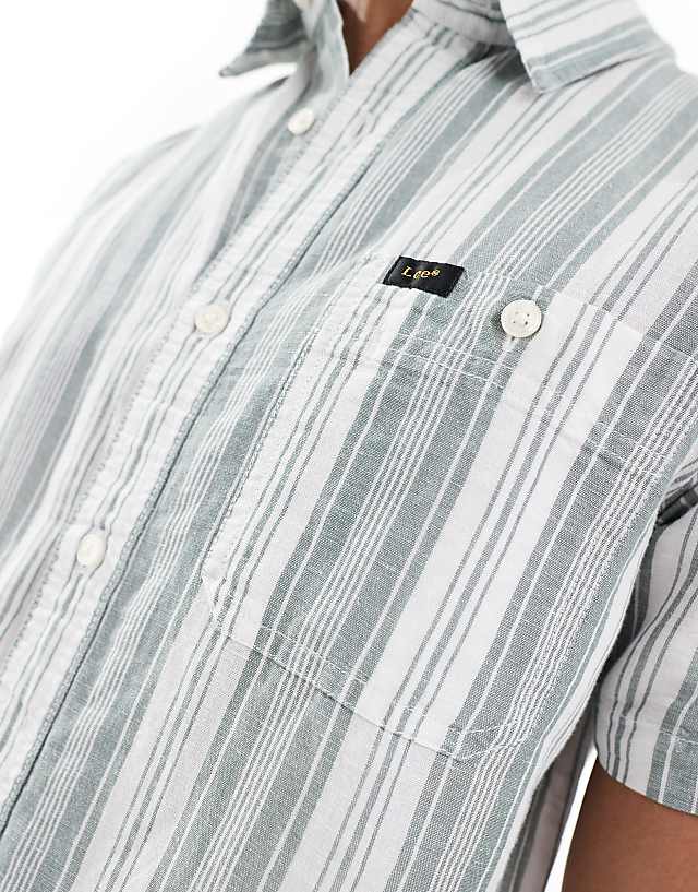 Asos Lee Short Sleeve Stripe Linen Blend Shirt In Mid Green