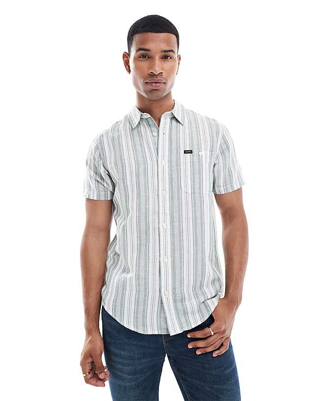 asos Lee short sleeve stripe linen blend shirt in mid green